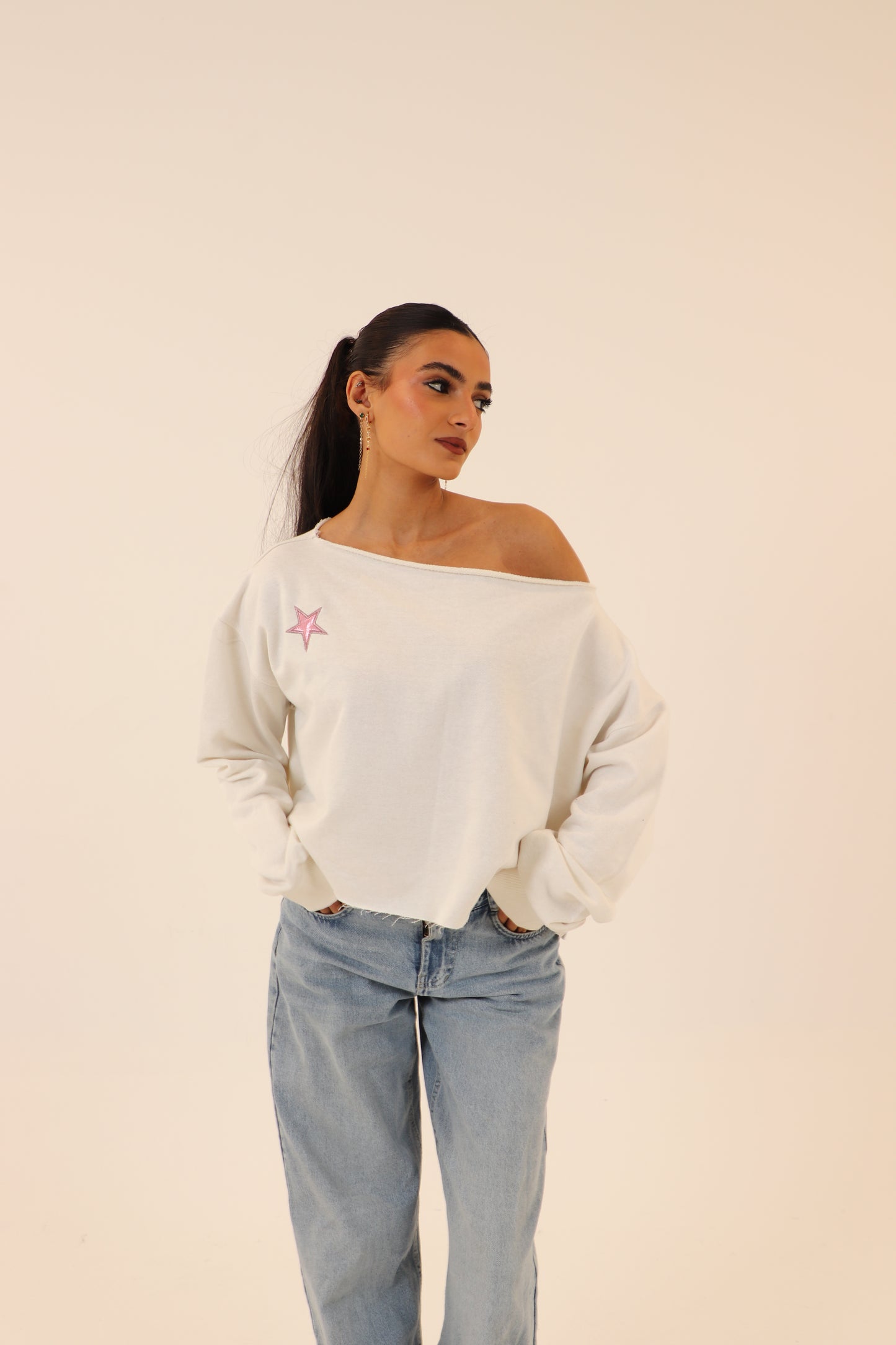 off-shoulder sweatshirt in white