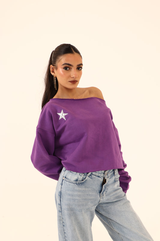 off-shoulder sweatshirt in purple