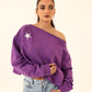 off-shoulder sweatshirt in purple