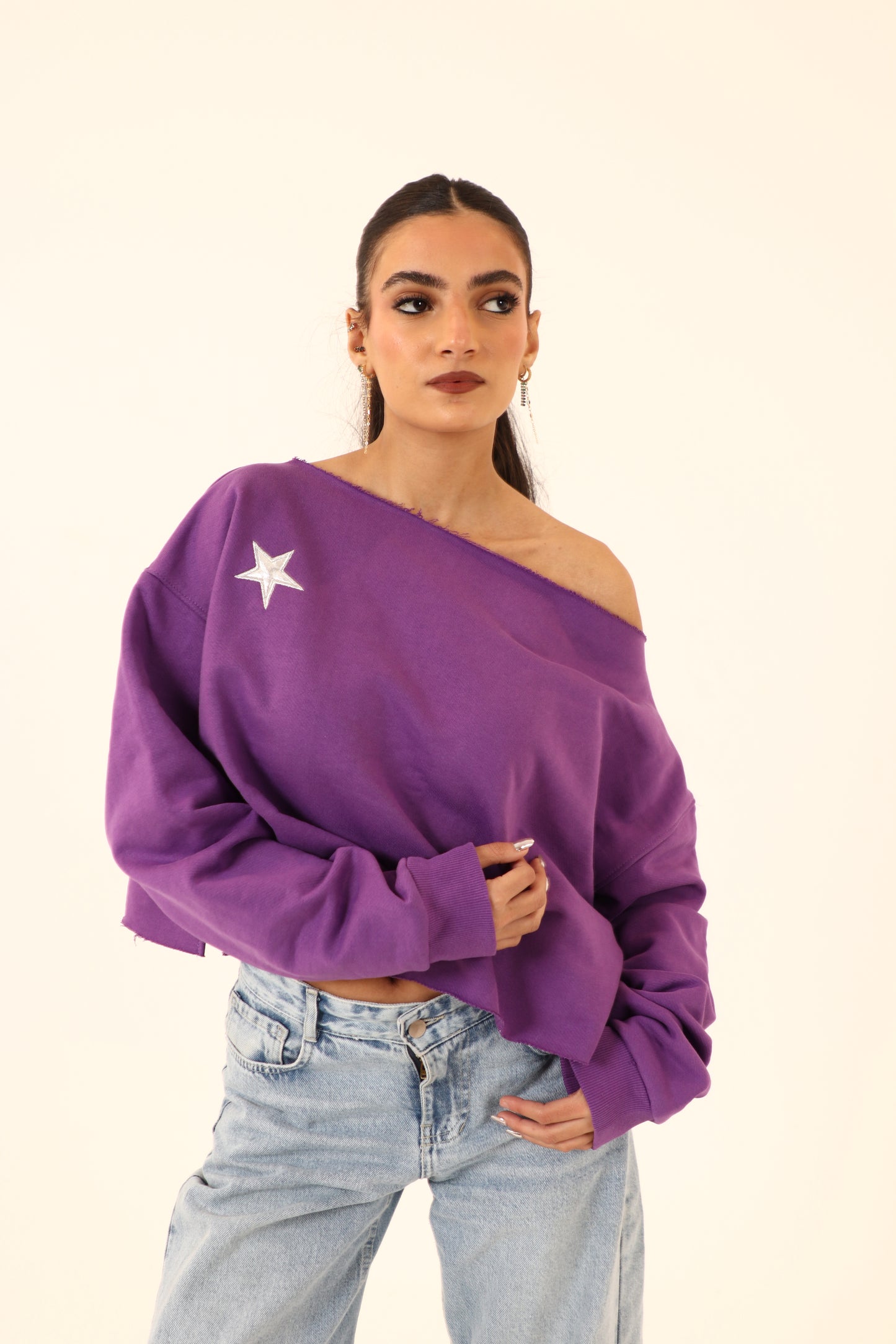 off-shoulder sweatshirt in purple